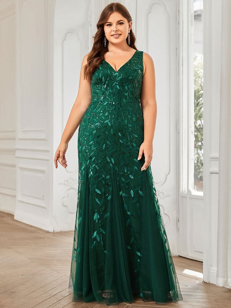 Plus Size Aermelloses Meerjungfrau Abendkleid mit doppeltem V-Ausschnitt 07886 #farbe_Dunkel Gruen