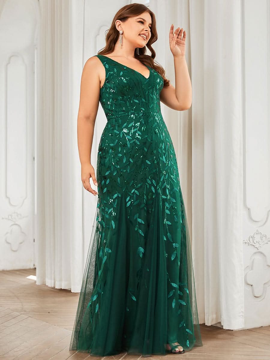 Plus Size Aermelloses Meerjungfrau Abendkleid mit doppeltem V-Ausschnitt 07886 #farbe_Dunkel Gruen