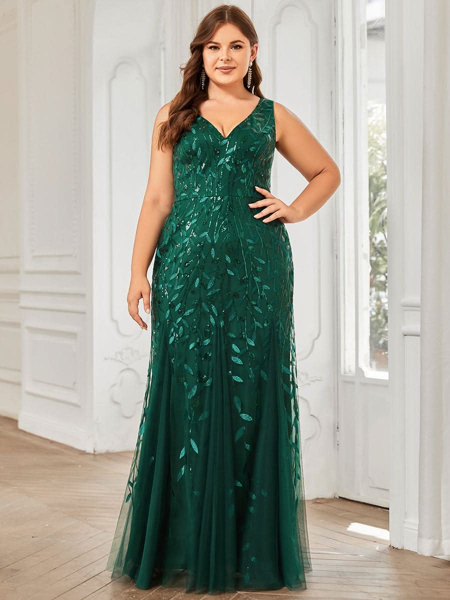Plus Size Aermelloses Meerjungfrau Abendkleid mit doppeltem V-Ausschnitt 07886 #farbe_Dunkel Gruen