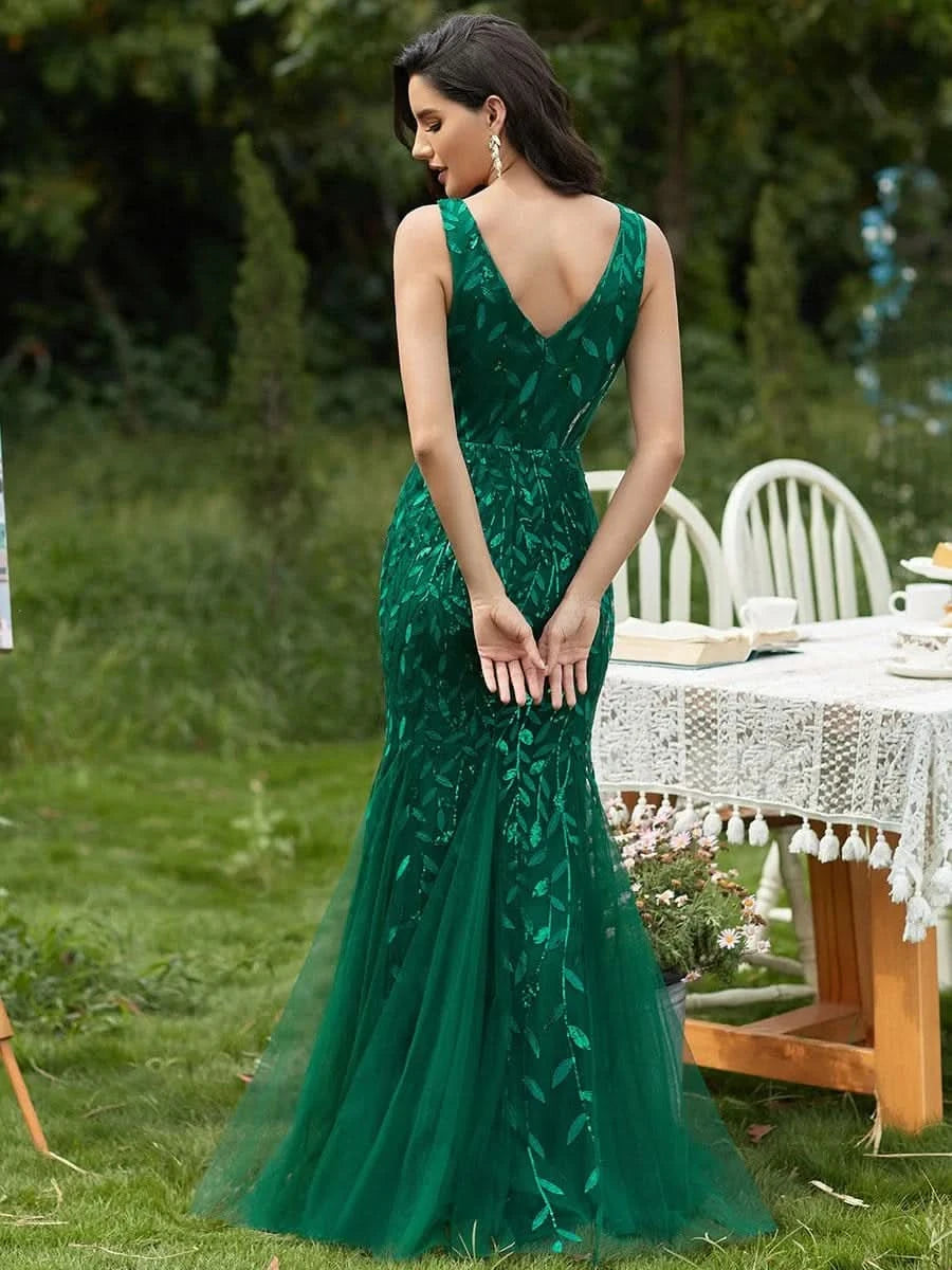 Color=Dunkel Gruen | Aermelloses Meerjungfrau Abendkleid Mit Doppeltem V-Ausschnitt 07886-Dunkel Gruen 2