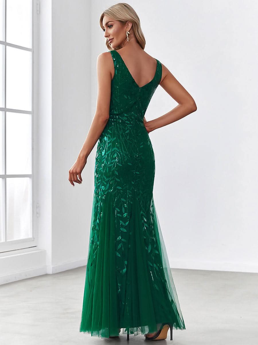 Aermelloses Abendkleid mit doppeltem V-Ausschnitt #Farbe_Dunkel Gruen