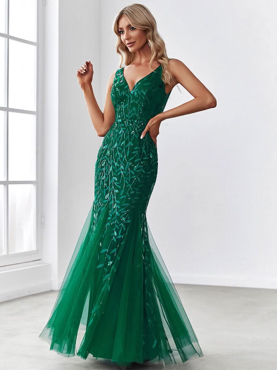 Aermelloses Abendkleid mit doppeltem V-Ausschnitt #Farbe_Dunkel Gruen