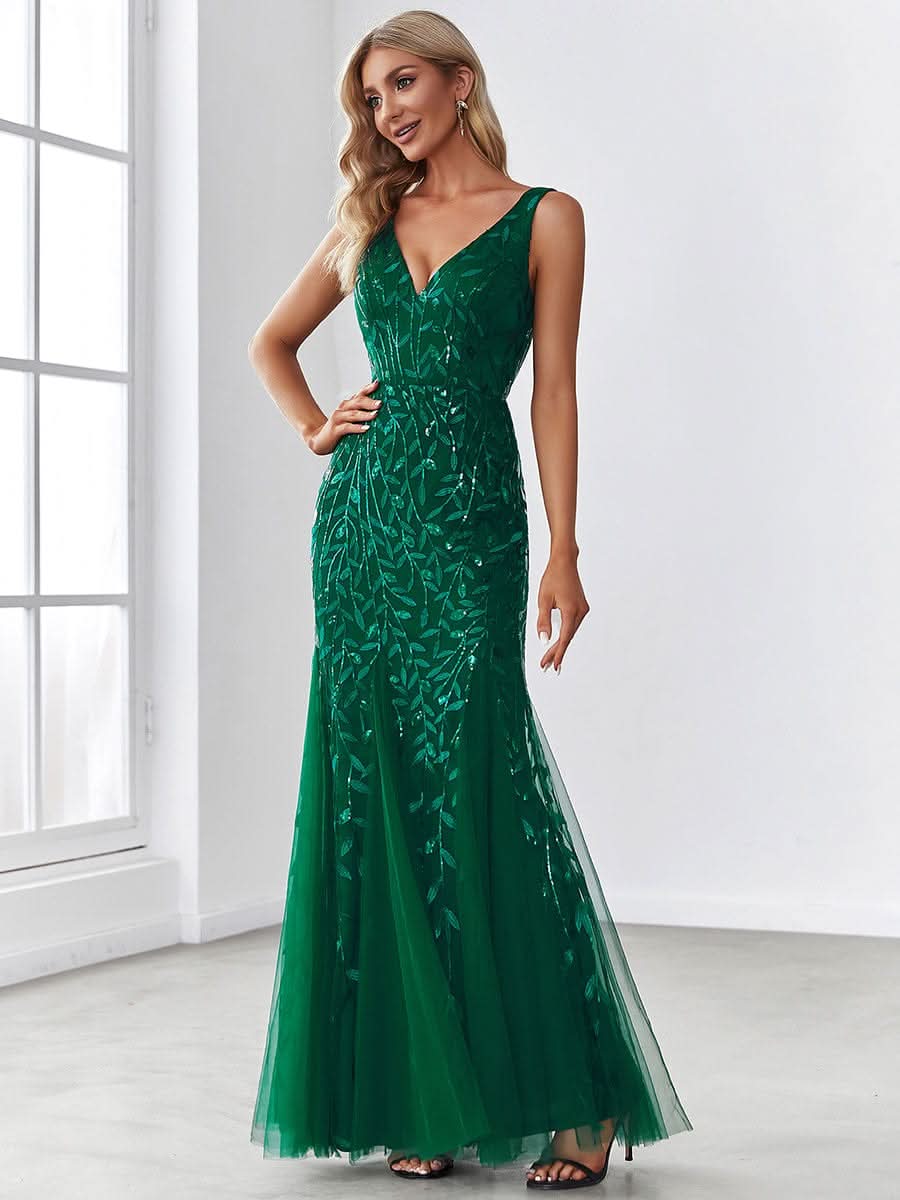 Aermelloses Abendkleid mit doppeltem V-Ausschnitt #Farbe_Dunkel Gruen