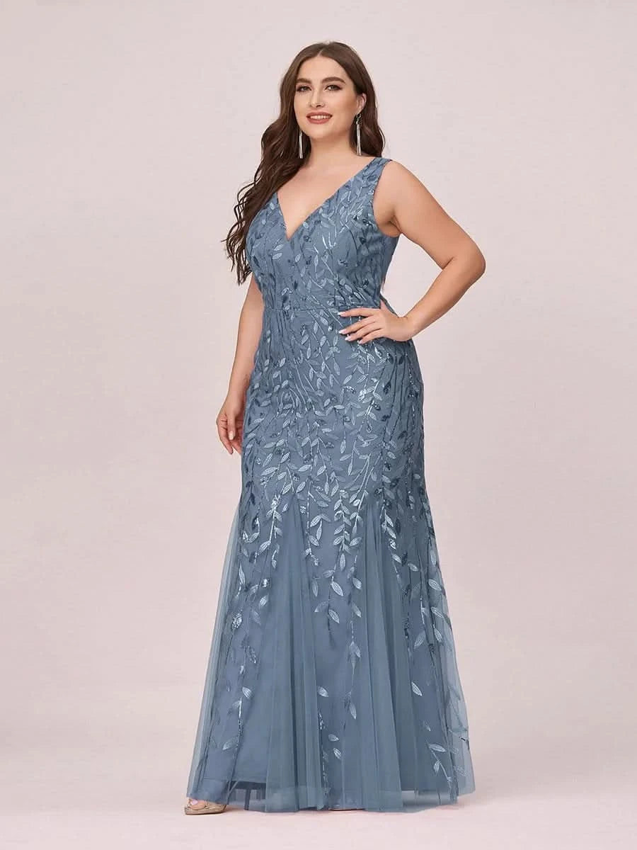 Color=Dusty Navy | Aermelloses Meerjungfrau Abendkleid Mit Doppeltem V-Ausschnitt 07886-Dusty Navy 10