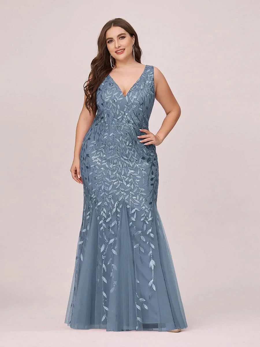 Color=Dusty Navy | Aermelloses Meerjungfrau Abendkleid Mit Doppeltem V-Ausschnitt 07886-Dusty Navy 9