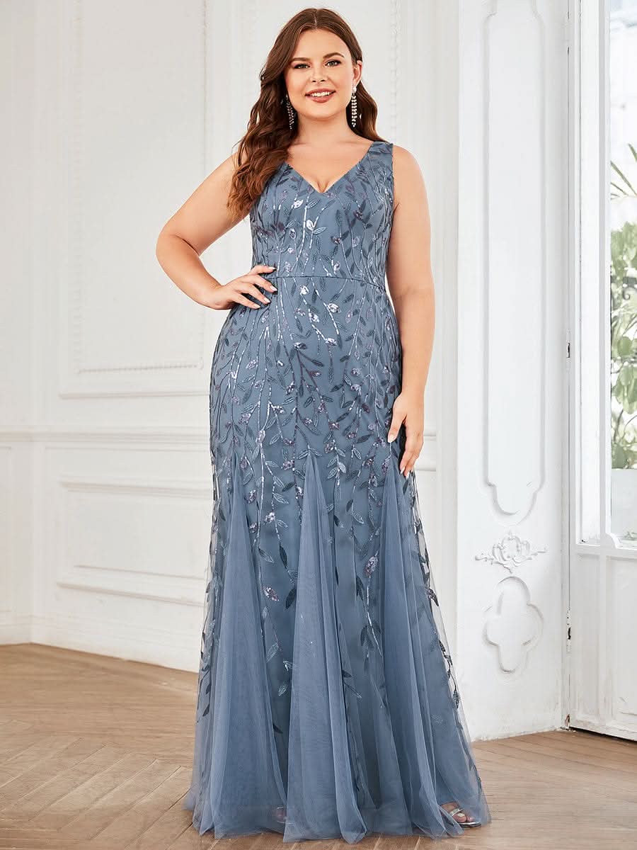 Plus Size Aermelloses Meerjungfrau Abendkleid mit doppeltem V-Ausschnitt 07886 #farbe_Dusty Navy