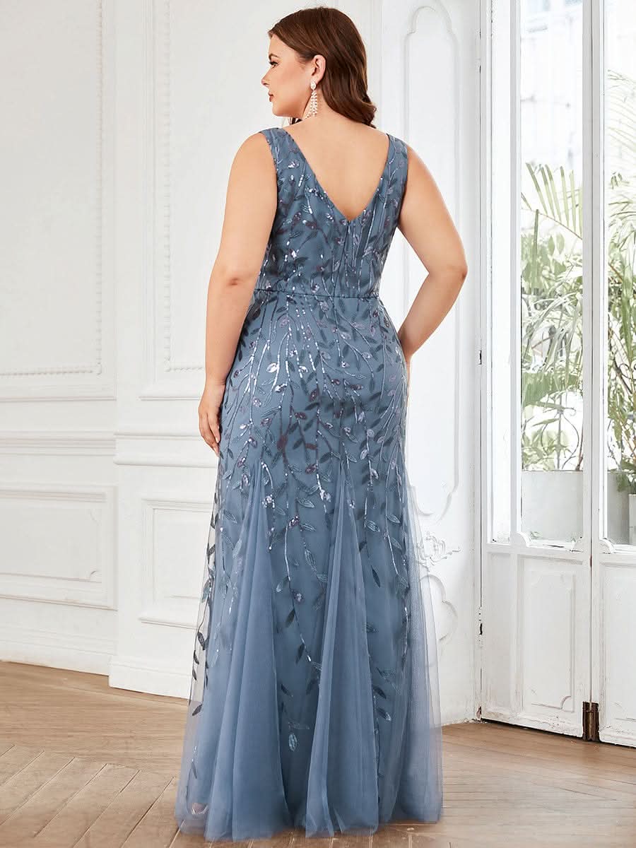 Plus Size Aermelloses Meerjungfrau Abendkleid mit doppeltem V-Ausschnitt 07886 #farbe_Dusty Navy