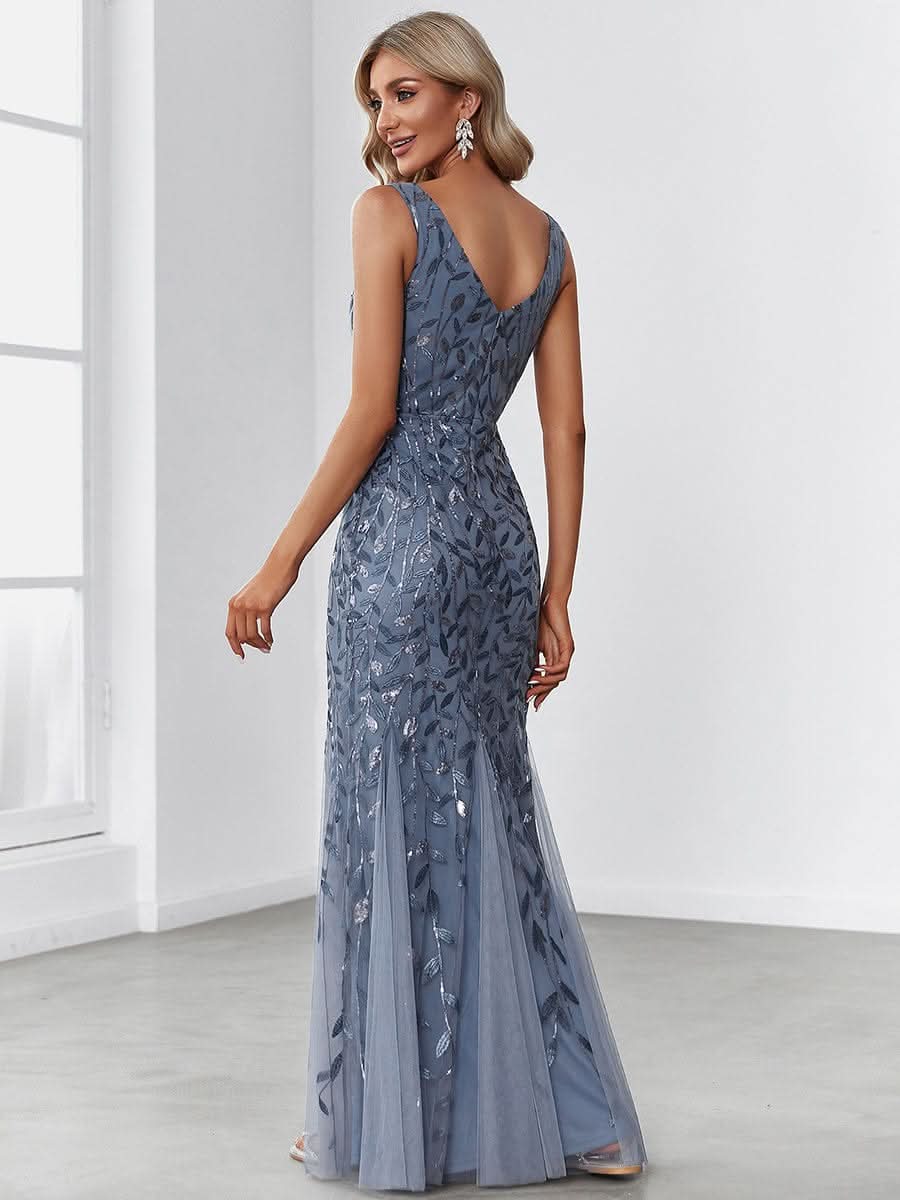 Aermelloses Abendkleid mit doppeltem V-Ausschnitt #Farbe_Dusty Navy