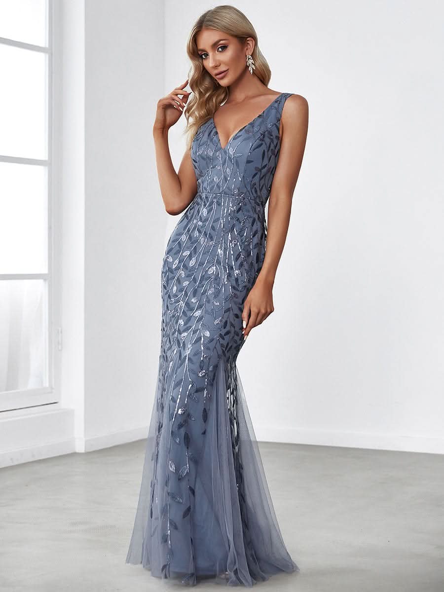Aermelloses Abendkleid mit doppeltem V-Ausschnitt #Farbe_Dusty Navy