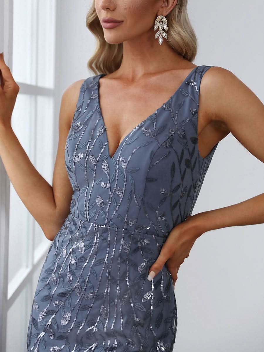 Aermelloses Abendkleid mit doppeltem V-Ausschnitt #Farbe_Dusty Navy Aermelloses Abendkleid mit doppeltem V-Ausschnitt #Farbe_Dusty Navy