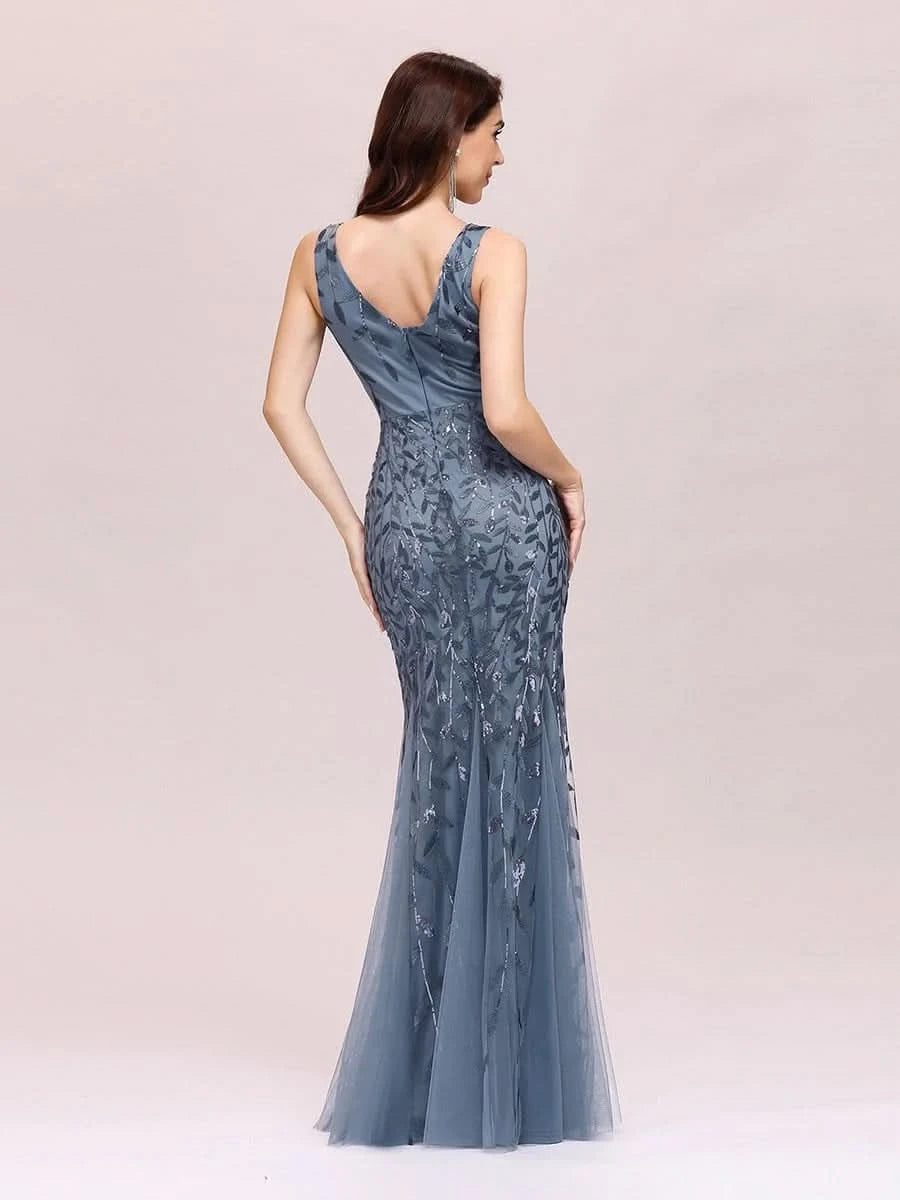 Color=Dusty Navy | Aermelloses Meerjungfrau Abendkleid Mit Doppeltem V-Ausschnitt 07886-Dusty Navy 5