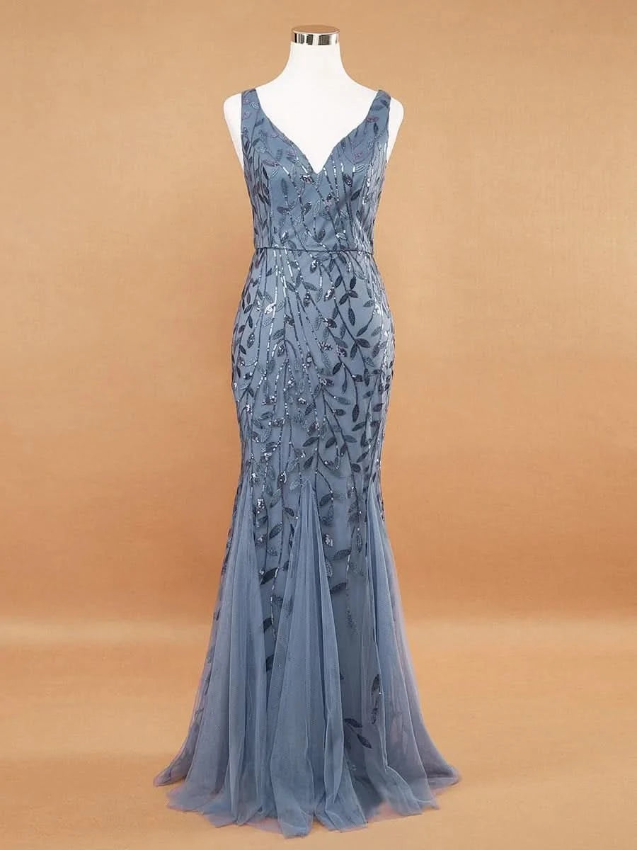 Color=Dusty Navy | Aermelloses Meerjungfrau Abendkleid Mit Doppeltem V-Ausschnitt 07886-Dusty Navy 6