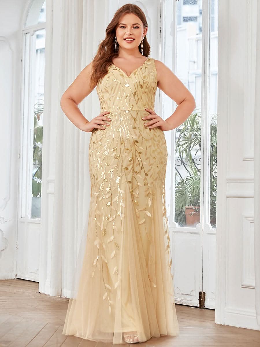 Plus Size Aermelloses Meerjungfrau Abendkleid mit doppeltem V-Ausschnitt 07886 #farbe_Gold