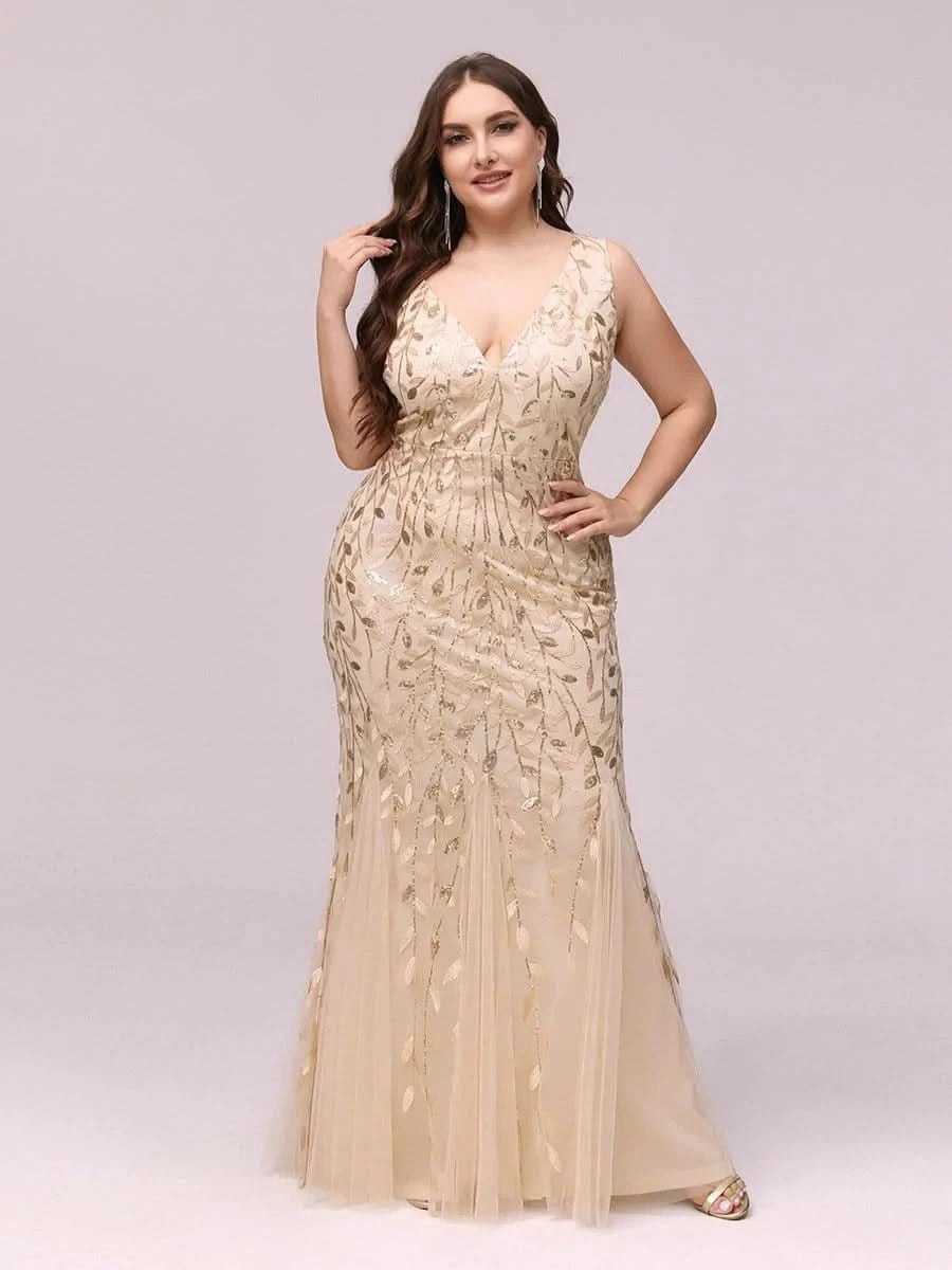 Color=Gold | Aermelloses Meerjungfrau Abendkleid Mit Doppeltem V-Ausschnitt 07886-Gold 6