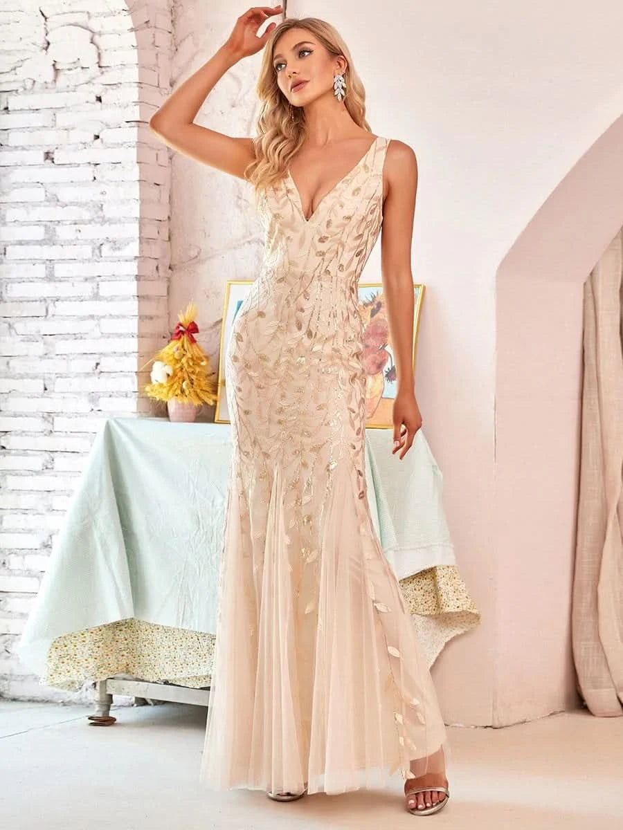 Color=Gold | Aermelloses Meerjungfrau Abendkleid Mit Doppeltem V-Ausschnitt 07886-Gold 1