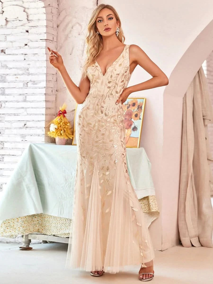 Color=Gold | Aermelloses Meerjungfrau Abendkleid Mit Doppeltem V-Ausschnitt 07886-Gold 1