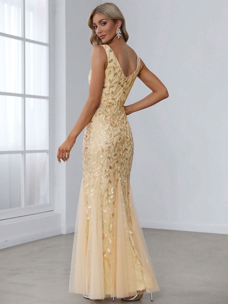 Aermelloses Abendkleid mit doppeltem V-Ausschnitt #Farbe_Gold