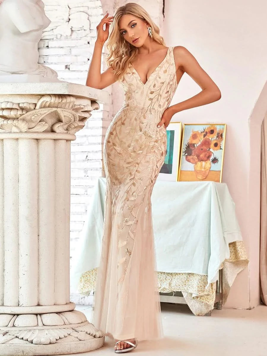 Color=Gold | Aermelloses Meerjungfrau Abendkleid Mit Doppeltem V-Ausschnitt 07886-Gold 1
