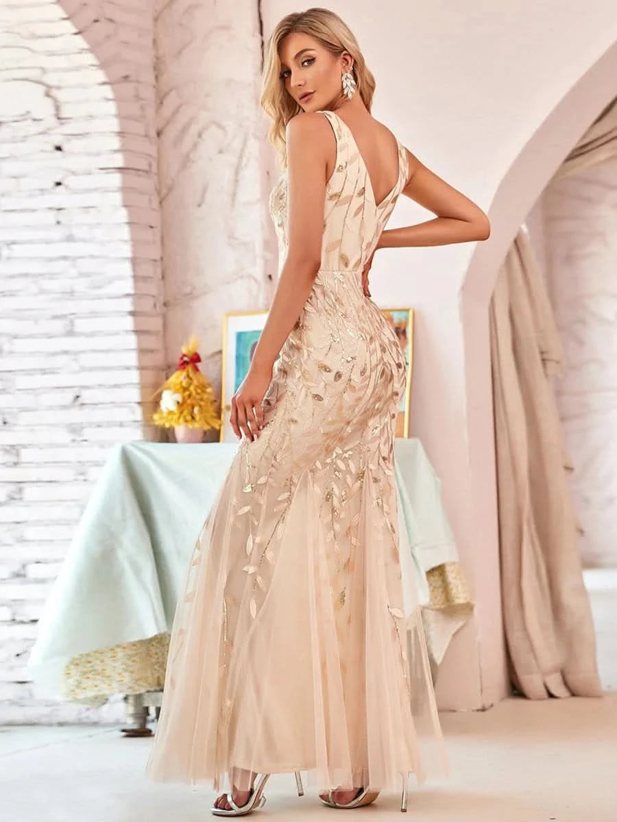 Color=Gold | Aermelloses Meerjungfrau Abendkleid Mit Doppeltem V-Ausschnitt 07886-Gold 1