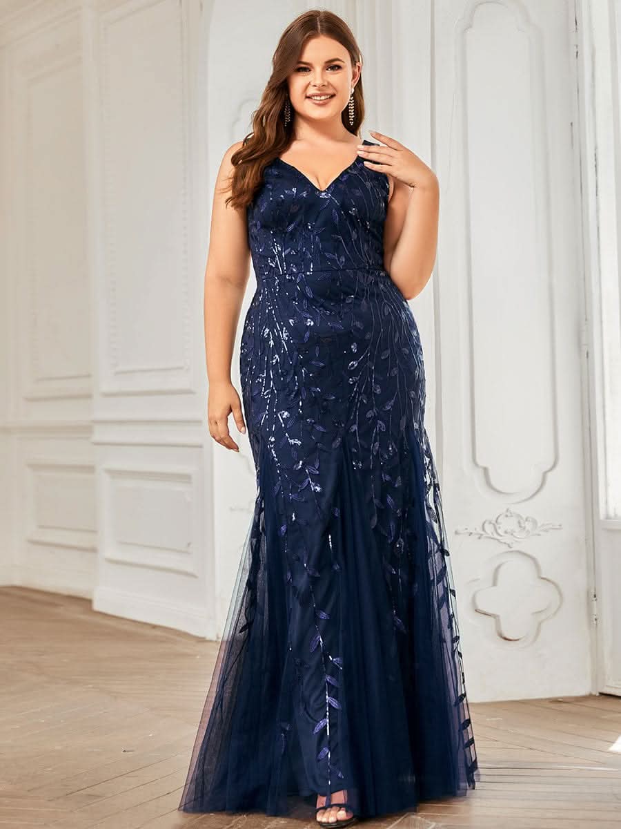 Plus Size Aermelloses Meerjungfrau Abendkleid mit doppeltem V-Ausschnitt 07886 #farbe_Navy Blau