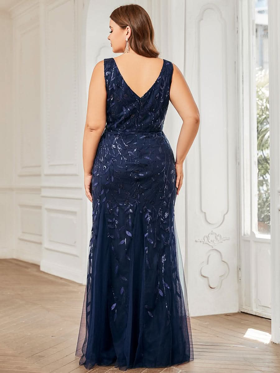 Plus Size Aermelloses Meerjungfrau Abendkleid mit doppeltem V-Ausschnitt 07886 #farbe_Navy Blau