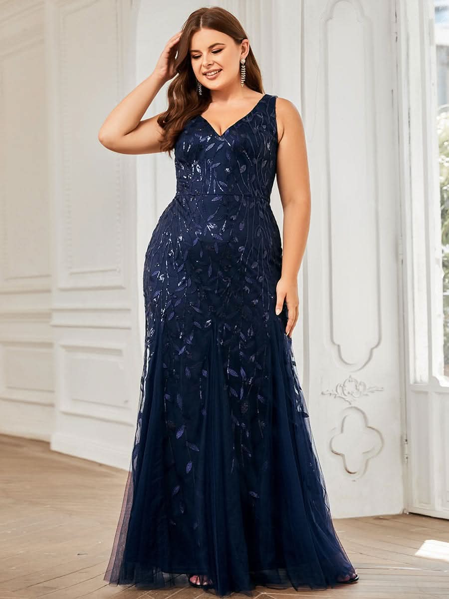 Plus Size Aermelloses Meerjungfrau Abendkleid mit doppeltem V-Ausschnitt 07886 #farbe_Navy Blau