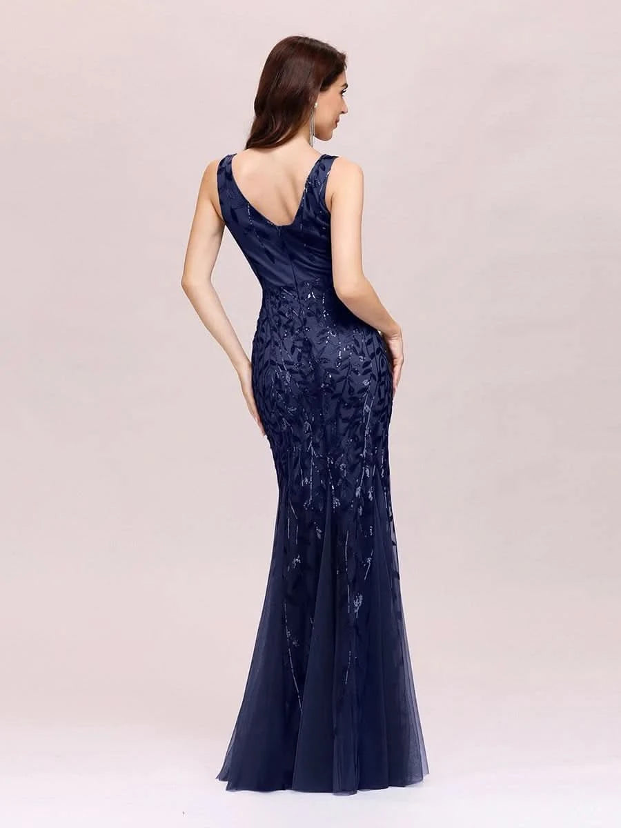 Color=Navy Blau | Aermelloses Meerjungfrau Abendkleid Mit Doppeltem V-Ausschnitt 07886-Navy Blau 5