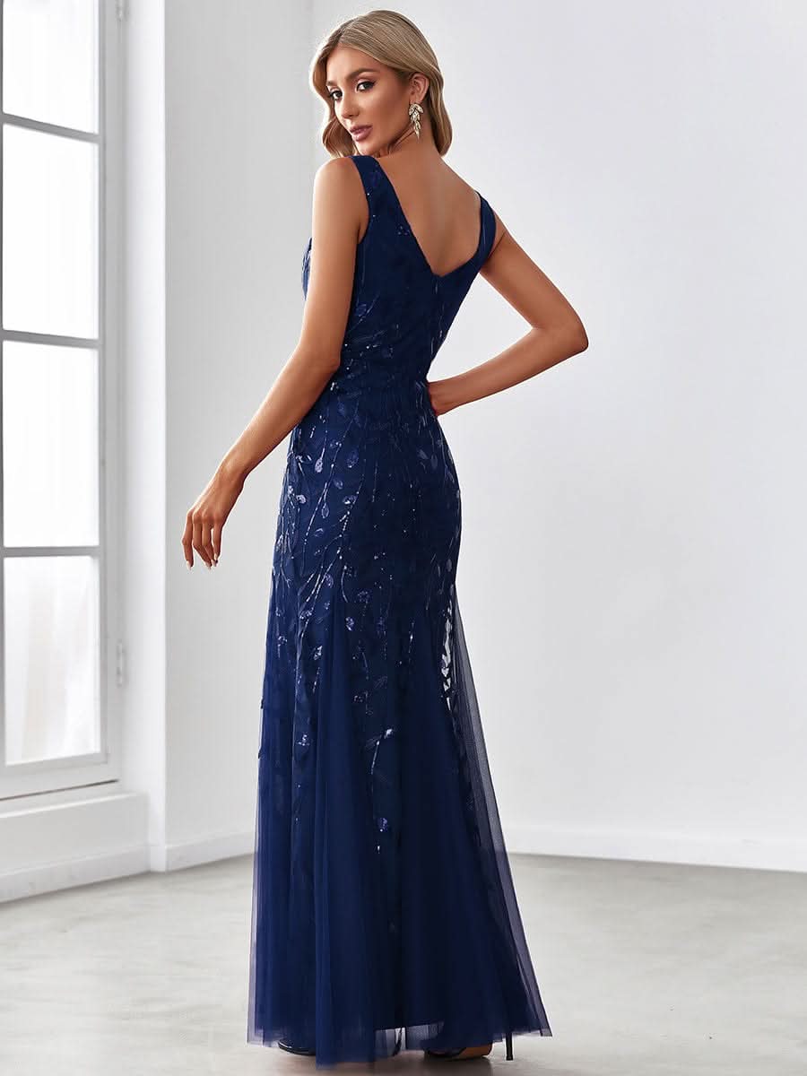 Aermelloses Abendkleid mit doppeltem V-Ausschnitt #Farbe_Navy Blau