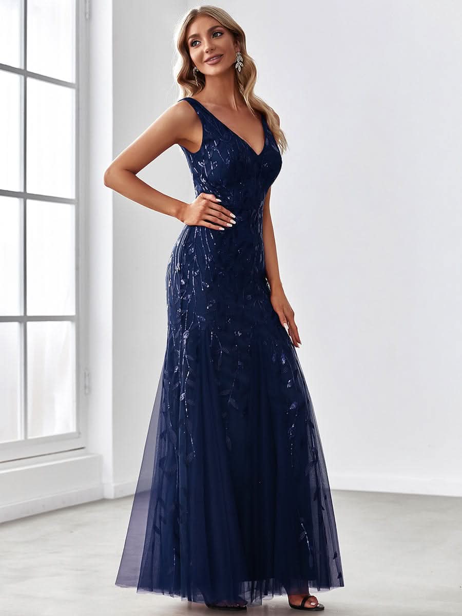 Aermelloses Abendkleid mit doppeltem V-Ausschnitt #Farbe_Navy Blau Aermelloses Abendkleid mit doppeltem V-Ausschnitt #Farbe_Navy Blau