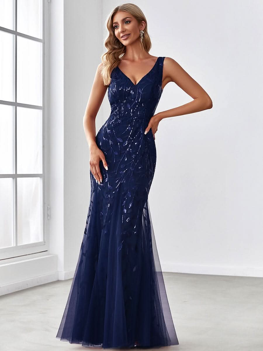 Aermelloses Abendkleid mit doppeltem V-Ausschnitt #Farbe_Navy Blau