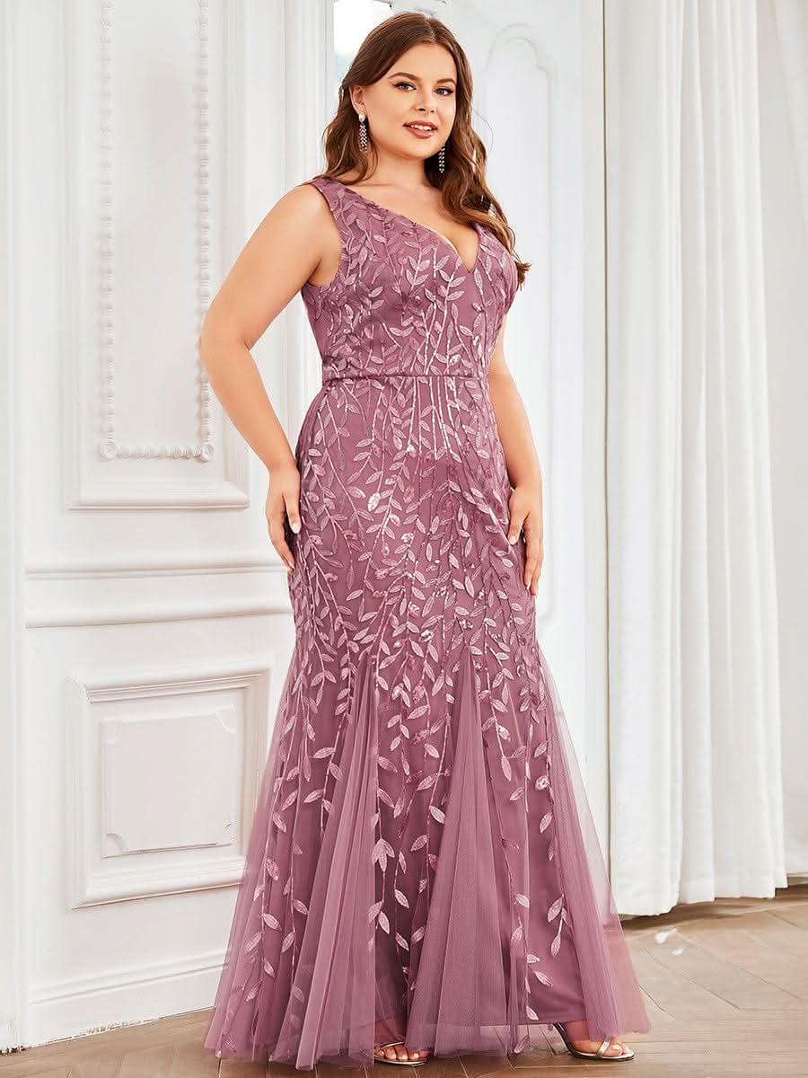 Plus Size Aermelloses Meerjungfrau Abendkleid mit doppeltem V-Ausschnitt 07886 #farbe_Orchid