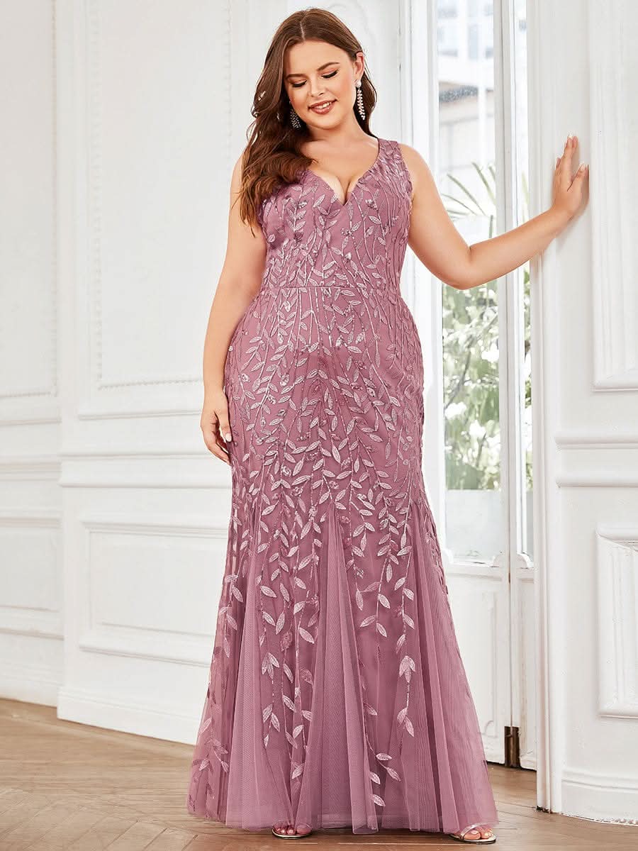 Plus Size Aermelloses Meerjungfrau Abendkleid mit doppeltem V-Ausschnitt 07886 #farbe_Orchid
