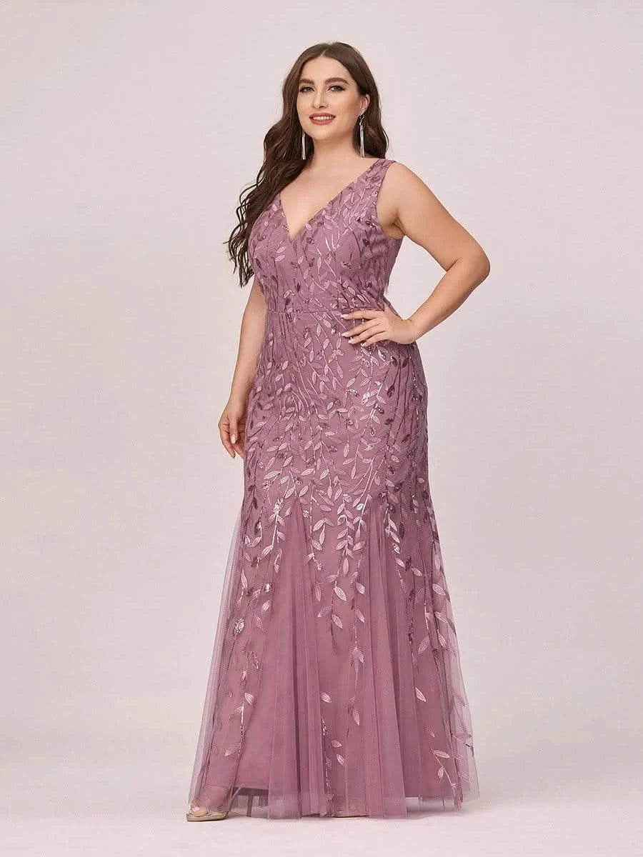 Color=Orchid | Aermelloses Meerjungfrau Abendkleid Mit Doppeltem V-Ausschnitt 07886-Orchid 10