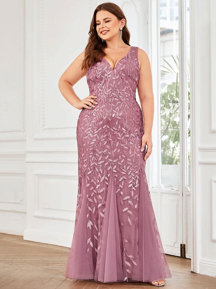 Plus Size Aermelloses Meerjungfrau Abendkleid mit doppeltem V-Ausschnitt 07886 #farbe_Orchid