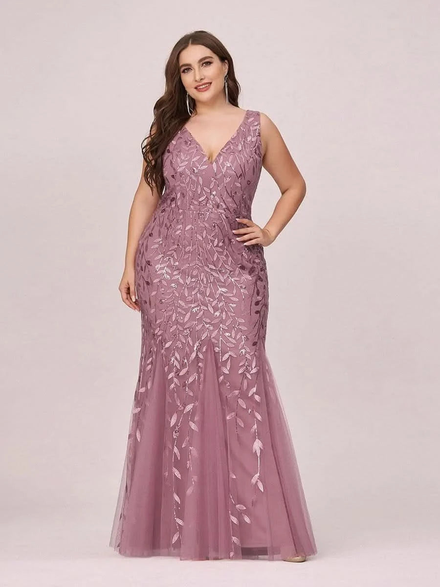 Color=Orchid | Aermelloses Meerjungfrau Abendkleid Mit Doppeltem V-Ausschnitt 07886-Orchid 8