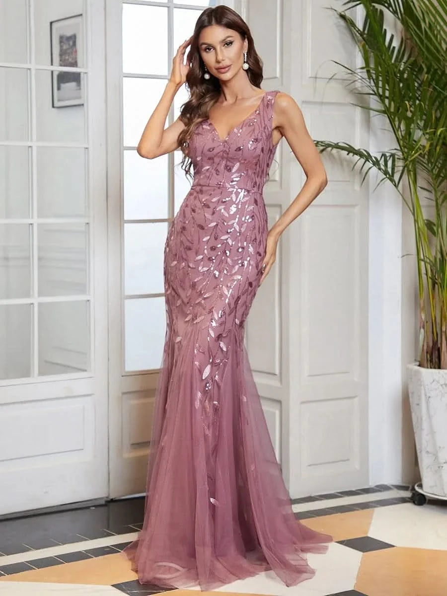 Color=Orchid | Aermelloses Meerjungfrau Abendkleid Mit Doppeltem V-Ausschnitt 07886-Orchid 4