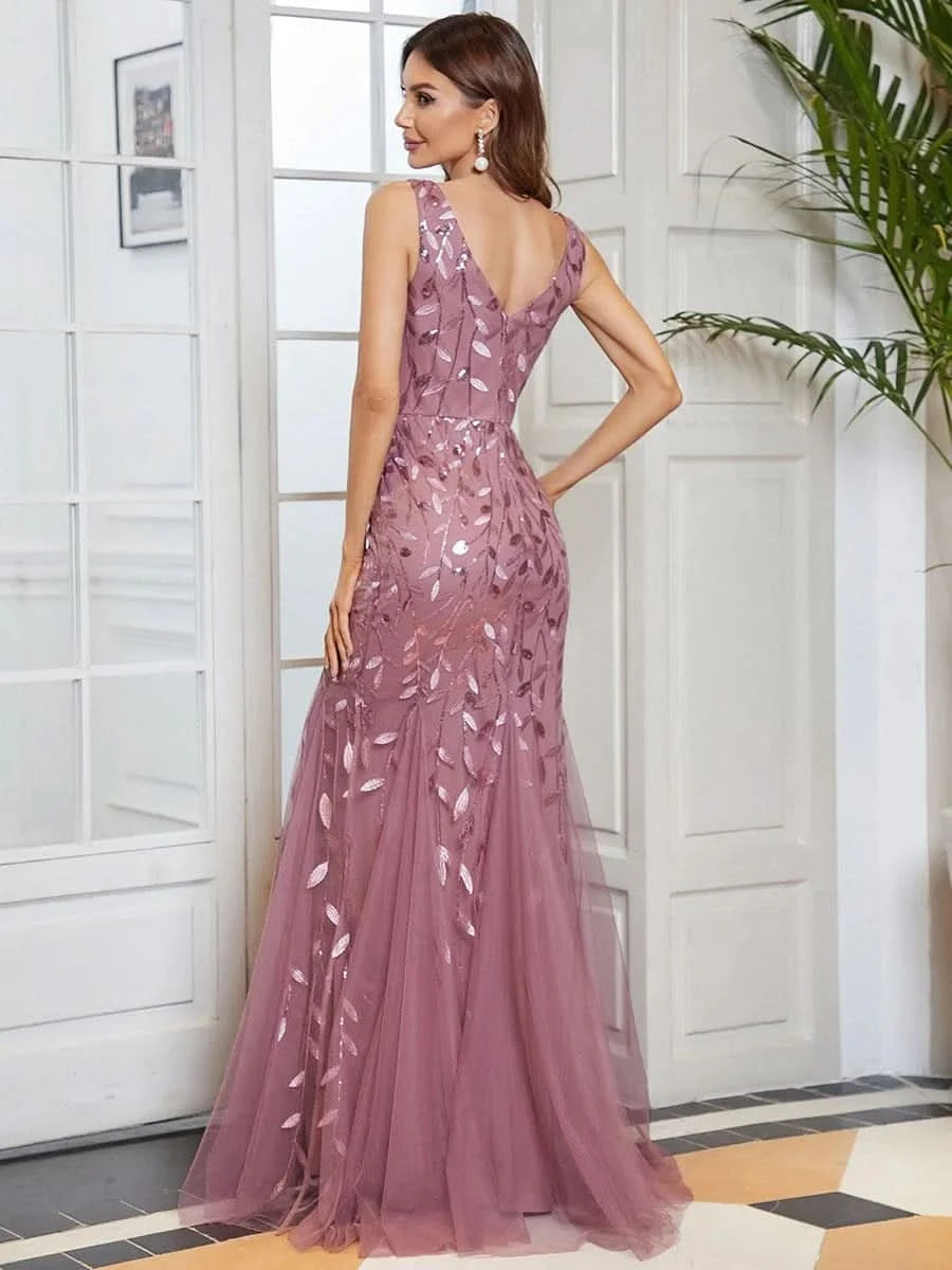 Color=Orchid | Aermelloses Meerjungfrau Abendkleid Mit Doppeltem V-Ausschnitt 07886-Orchid 5