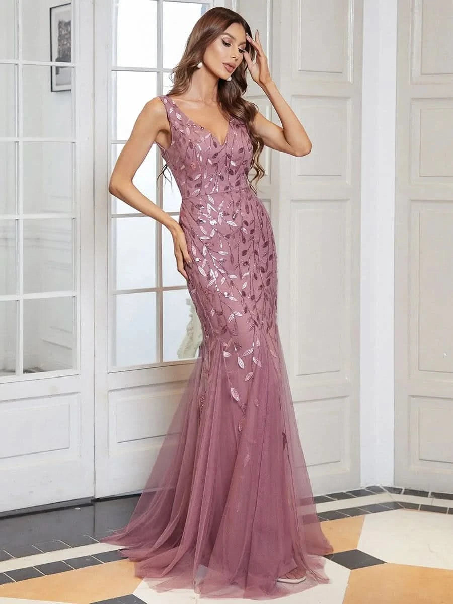 Color=Orchid | Aermelloses Meerjungfrau Abendkleid Mit Doppeltem V-Ausschnitt 07886-Orchid 6
