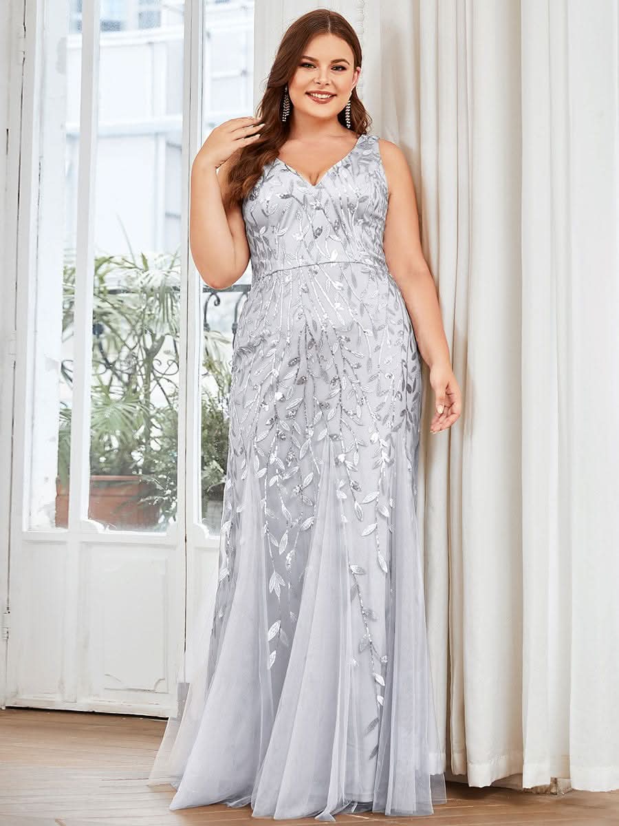 Plus Size Aermelloses Meerjungfrau Abendkleid mit doppeltem V-Ausschnitt 07886 #farbe_Silver