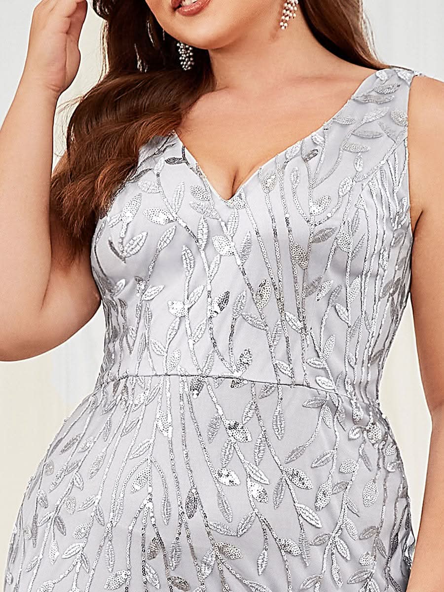 Plus Size Aermelloses Meerjungfrau Abendkleid mit doppeltem V-Ausschnitt 07886 #farbe_Silver
