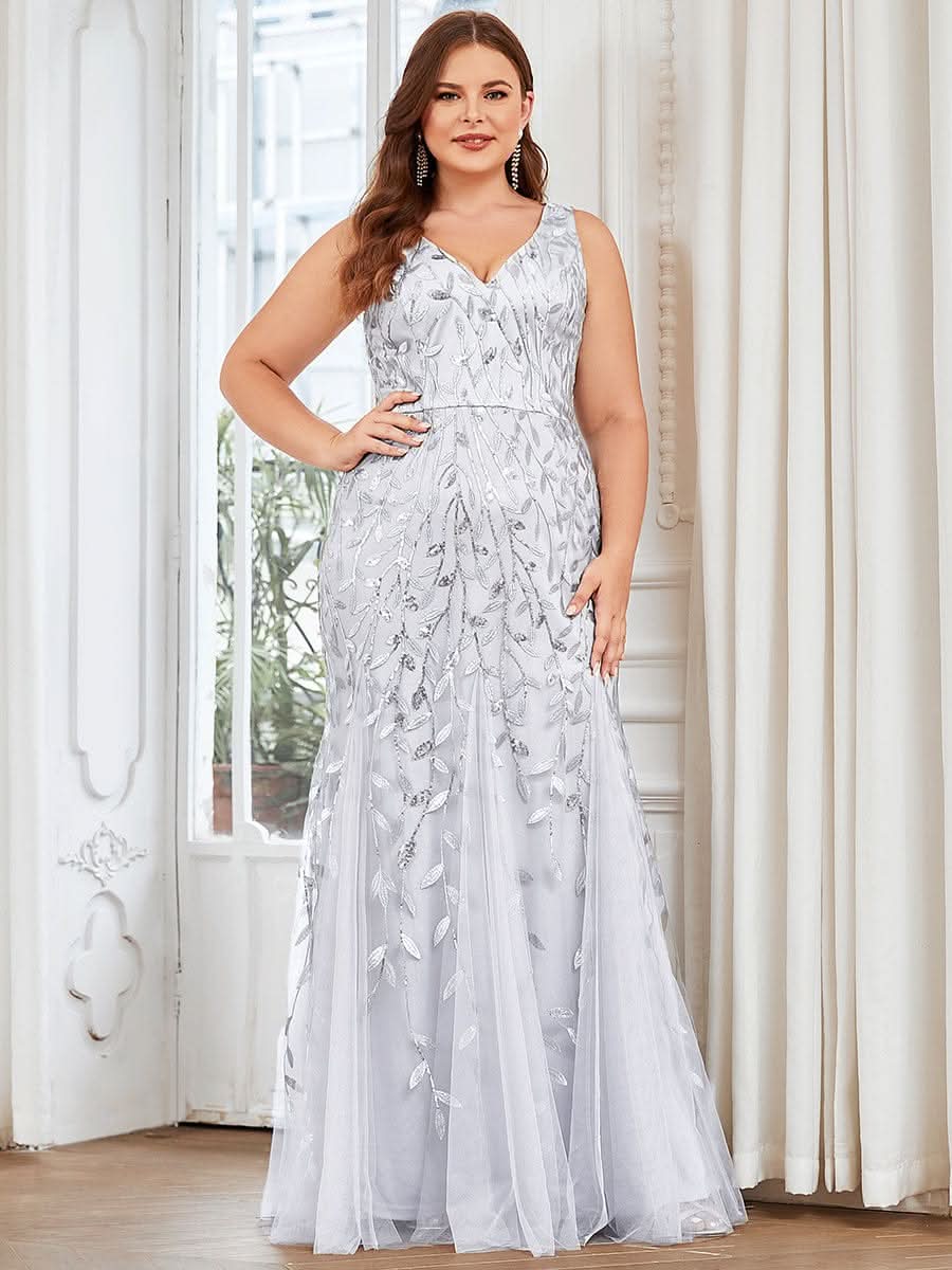 Plus Size Aermelloses Meerjungfrau Abendkleid mit doppeltem V-Ausschnitt 07886 #farbe_Silver
