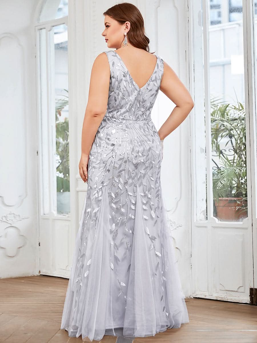 Plus Size Aermelloses Meerjungfrau Abendkleid mit doppeltem V-Ausschnitt 07886 #farbe_Silver