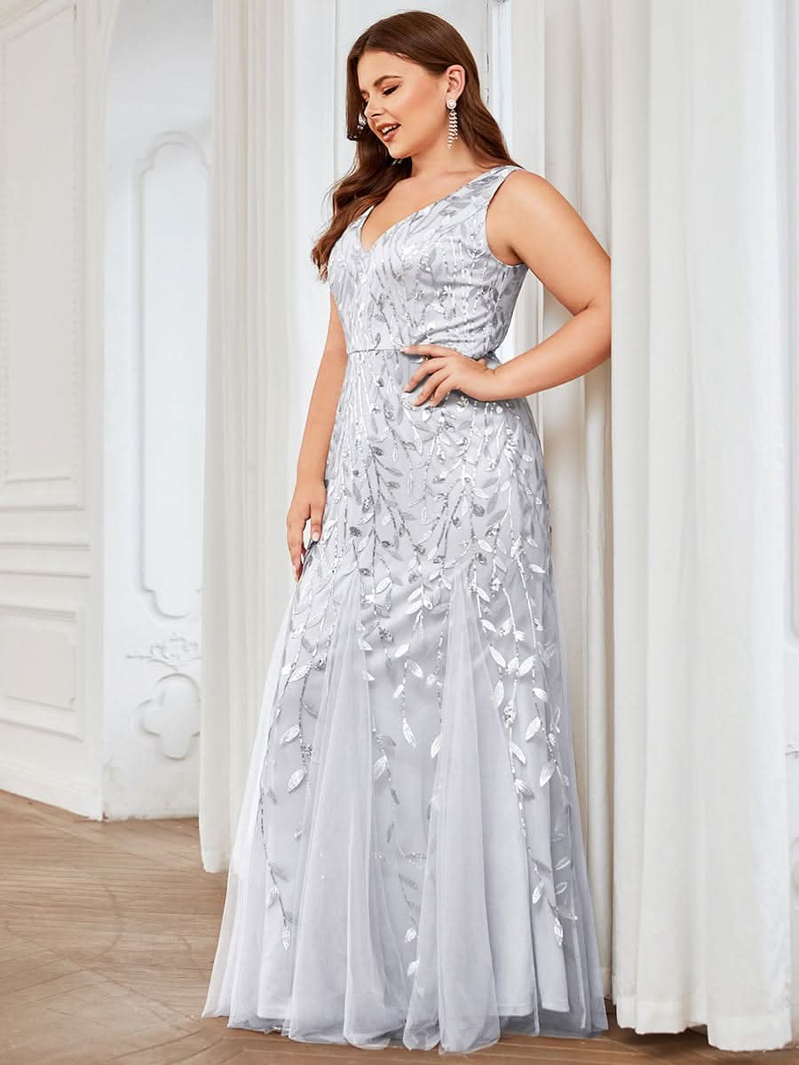 Plus Size Aermelloses Meerjungfrau Abendkleid mit doppeltem V-Ausschnitt 07886 #farbe_Silver