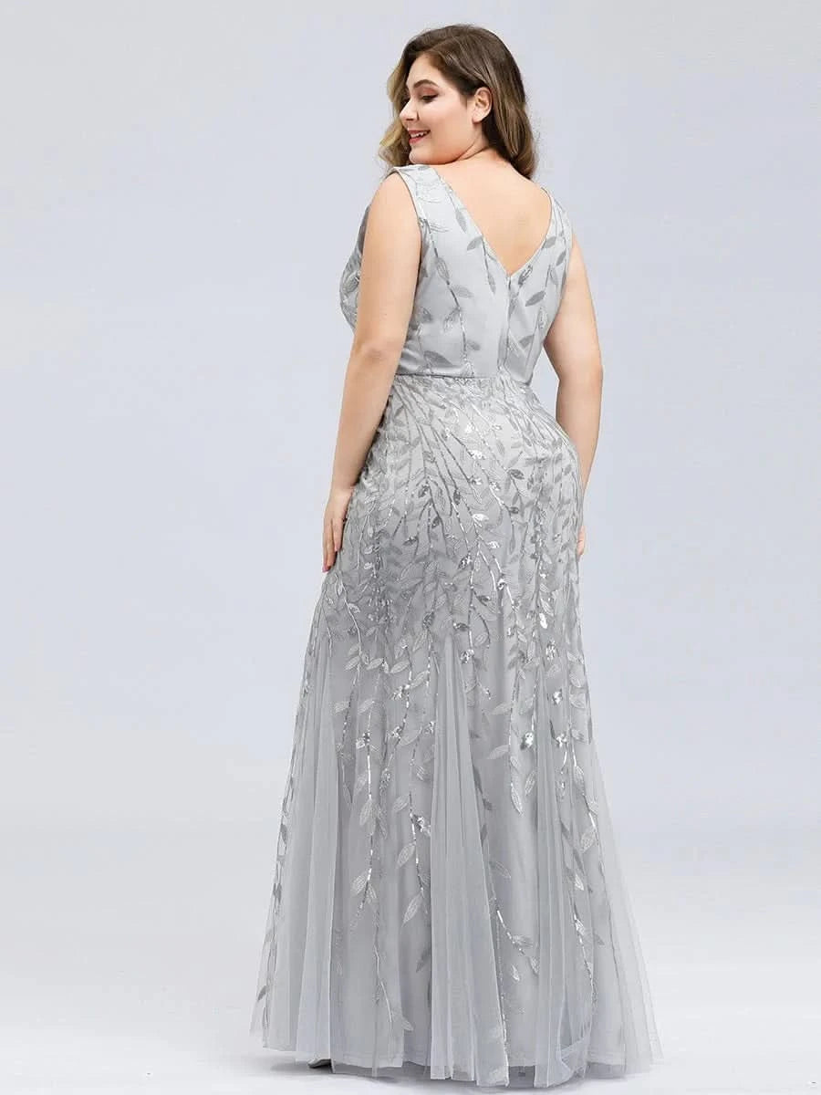 Color=Sliver | Aermelloses Meerjungfrau Abendkleid Mit Doppeltem V-Ausschnitt 07886-Sliver 6