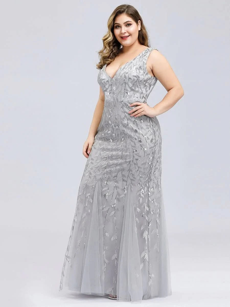 Color=Sliver | Aermelloses Meerjungfrau Abendkleid Mit Doppeltem V-Ausschnitt 07886-Sliver 7