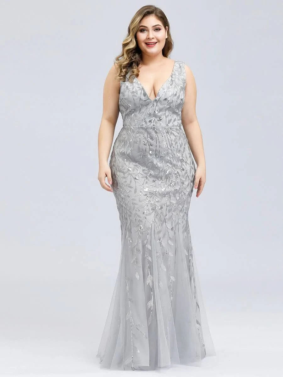 Color=Sliver | Aermelloses Meerjungfrau Abendkleid Mit Doppeltem V-Ausschnitt 07886-Sliver 5
