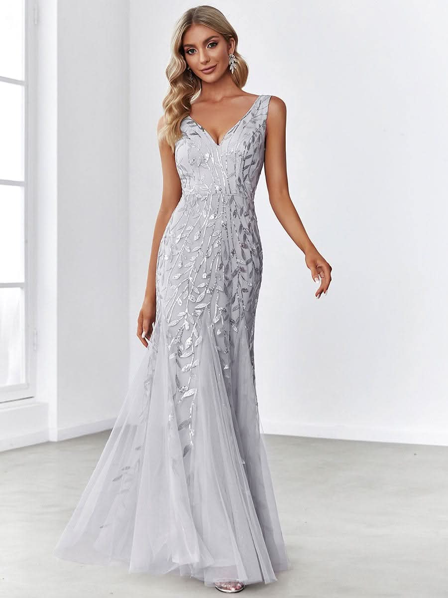 Color=Silver | Aermelloses Meerjungfrau Abendkleid Mit Doppeltem V-Ausschnitt 07886-Silver 1 Color=Silver | Aermelloses Meerjungfrau Abendkleid Mit Doppeltem V-Ausschnitt 07886-Silver 1