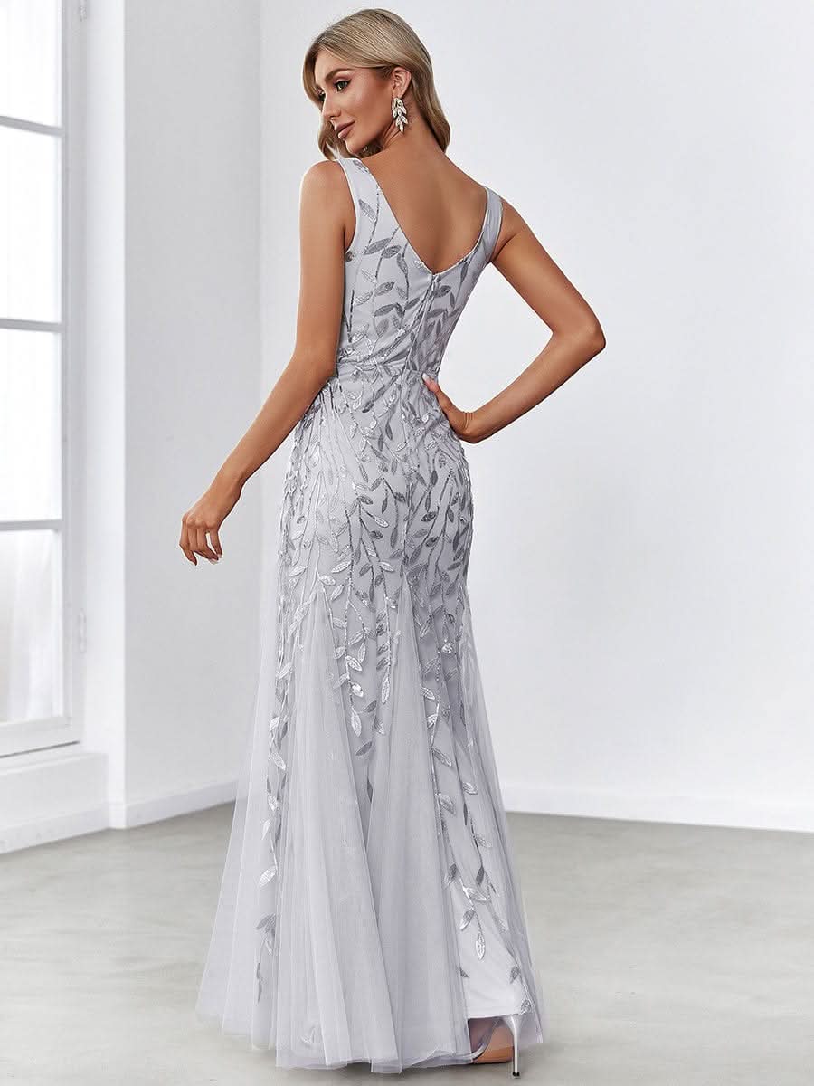 Color=Silver | Aermelloses Meerjungfrau Abendkleid Mit Doppeltem V-Ausschnitt 07886-Silver 2 Color=Silver | Aermelloses Meerjungfrau Abendkleid Mit Doppeltem V-Ausschnitt 07886-Silver 2