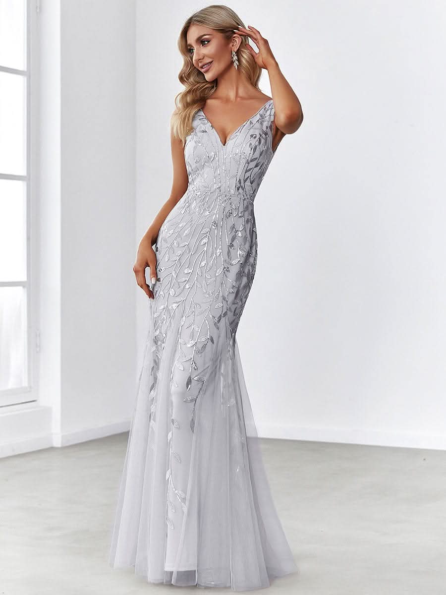 Color=Silver | Aermelloses Meerjungfrau Abendkleid Mit Doppeltem V-Ausschnitt 07886-Silver 4 Color=Silver | Aermelloses Meerjungfrau Abendkleid Mit Doppeltem V-Ausschnitt 07886-Silver 4