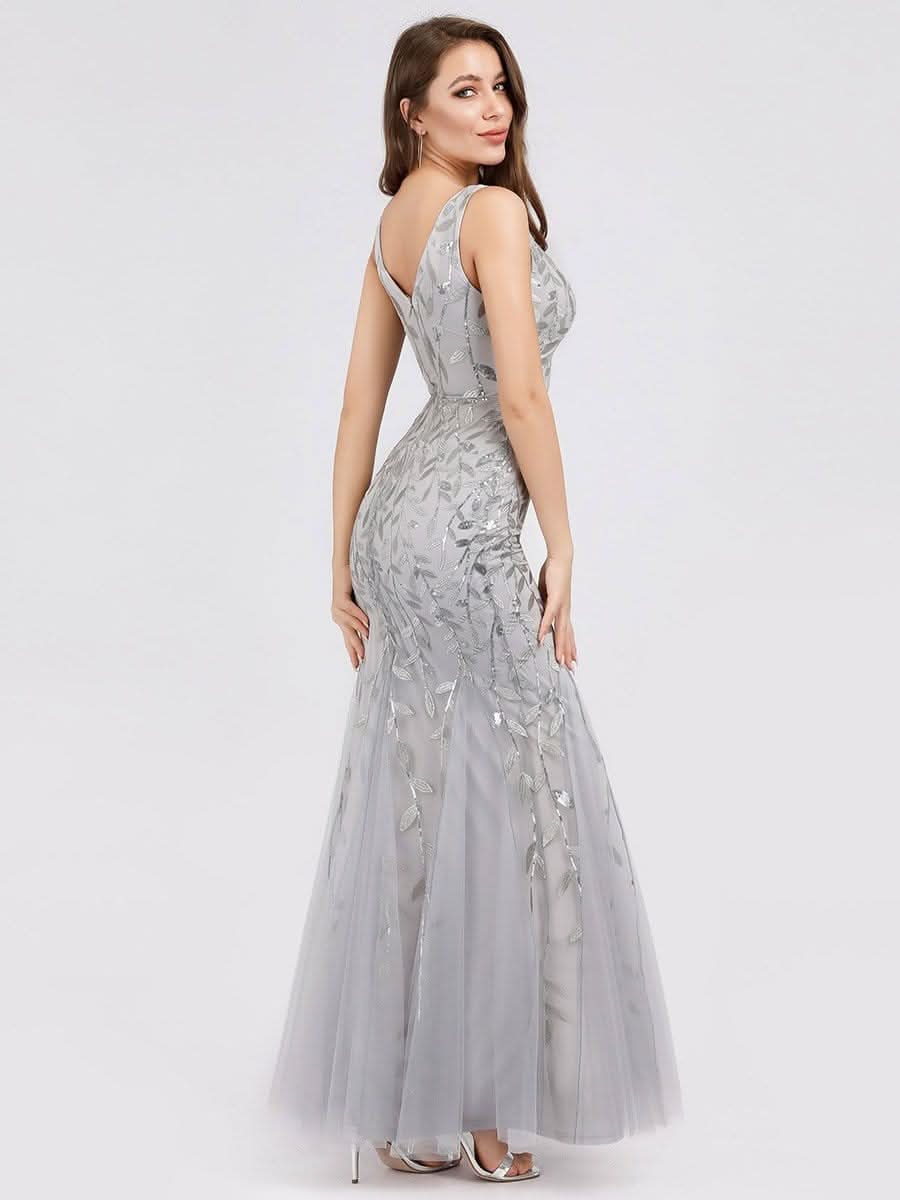 Color=Silver | Aermelloses Meerjungfrau Abendkleid Mit Doppeltem V-Ausschnitt 07886-Silver 9 Color=Silver | Aermelloses Meerjungfrau Abendkleid Mit Doppeltem V-Ausschnitt 07886-Silver 9